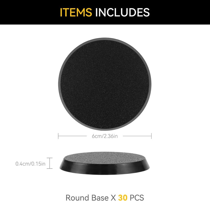 FIGURESLAB Store 30PCS 60mm/2.36inch Textured Plastic Black Round Miniature Bases, Model Base for Gaming Miniatures or Wargames Table Top Games - Image 2